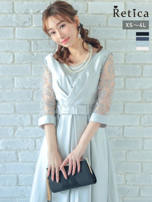 美品♡Rene ミモレ丈ドレス　38 36 胸元クロスデザインレース七分袖ミモレ丈パーティードレス (XS