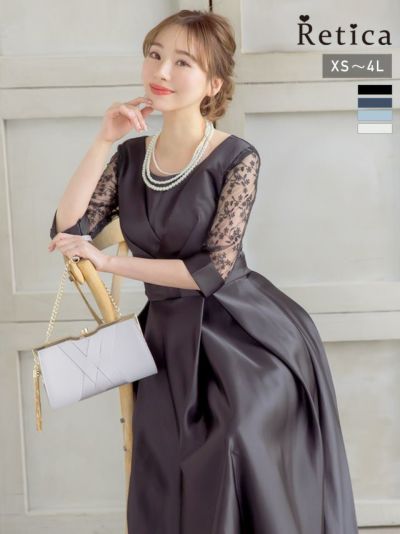 ウエストリボン小花柄シースルー袖ひざ下丈パーティードレス (XSサイズ～4Lサイズ)