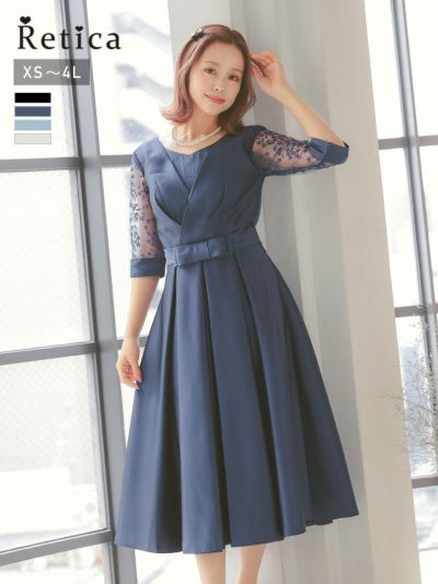サテン生地クロスデザインレース七分袖ミディアム丈パーティードレス (XSサイズ～4Lサイズ)