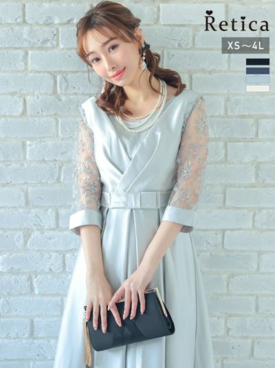 クロスデザイン花柄刺繍七分袖ミディアム丈パーティードレス (XSサイズ～4Lサイズ)