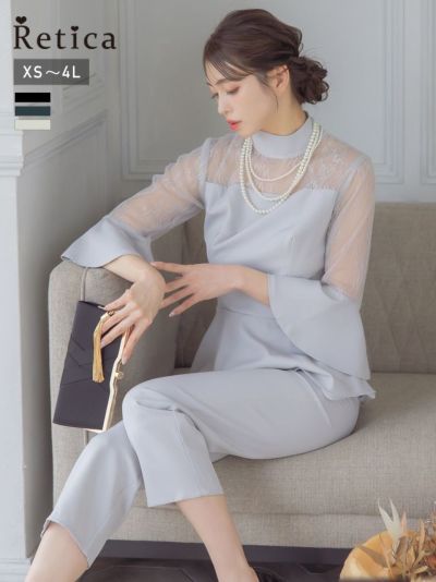 [SALE] ハイネックフレアスリーブオールインワンパンツパーティードレス (XSサイズ～4Lサイズ)