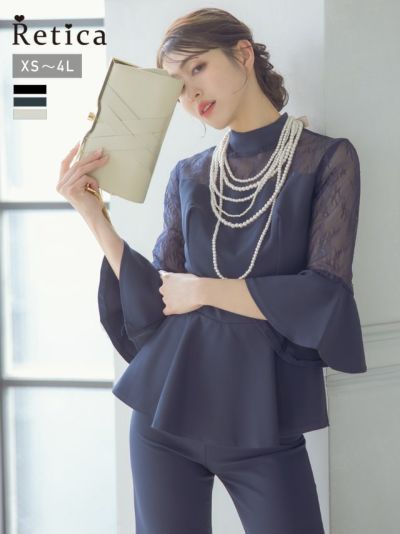 [SALE] ハイネック七分袖レース切り替えパンツオールインワンパーティードレス (XSサイズ～4Lサイズ)