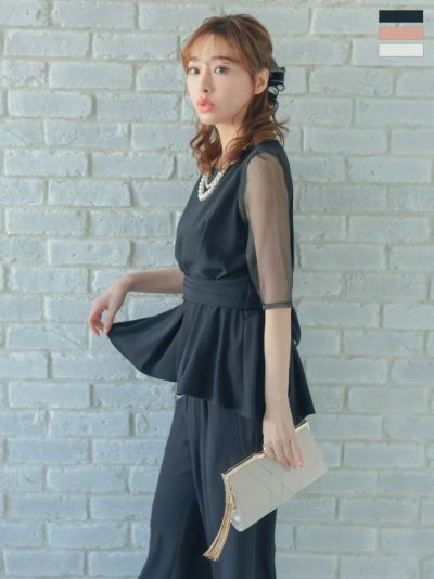 ワンカラー袖ありバックリボンセパレートパンツパーティードレス (Sサイズ～Lサイズ)