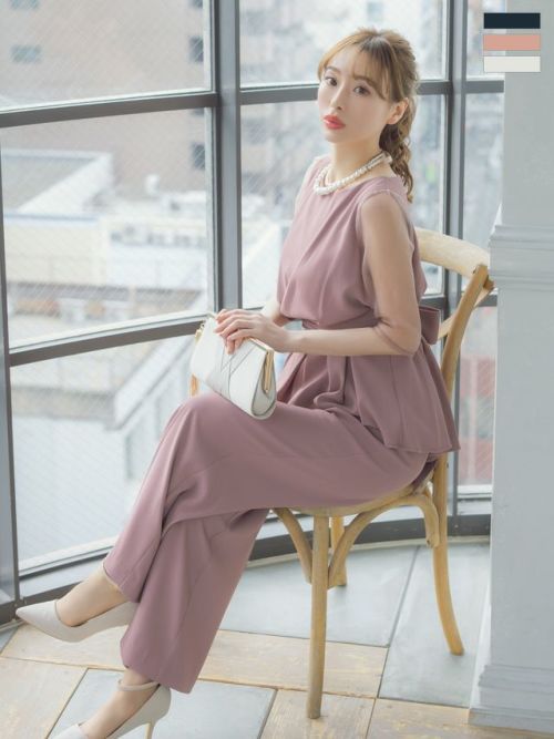 ワンカラー袖ありバックリボンセパレートパンツパーティードレス