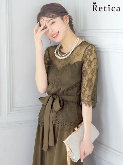 [SALE] レーススリーブウエストリボンセットアップパンツパーティードレス (Sサイズ～XXLサイズ)