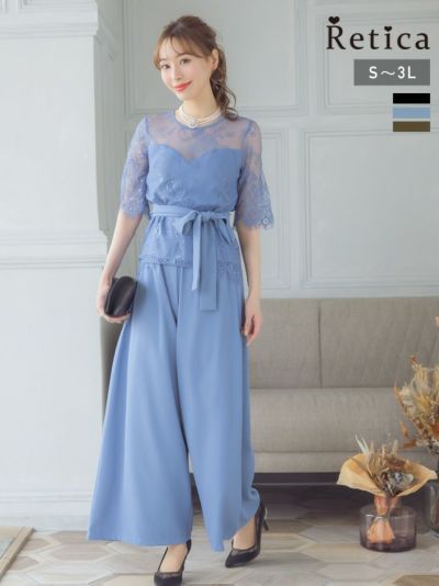 [SALE] 五分袖レースウエストリボンセパレートパンツパーティードレス (Sサイズ～3Lサイズ)