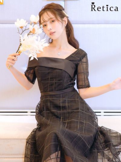 オフショルダーひざ下丈フレアワンピースパーティードレス (XSサイズ～XXXLサイズ)