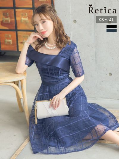 [SALE] オフショルダーひざ下丈フレアワンピースパーティードレス (XSサイズ～4Lサイズ)