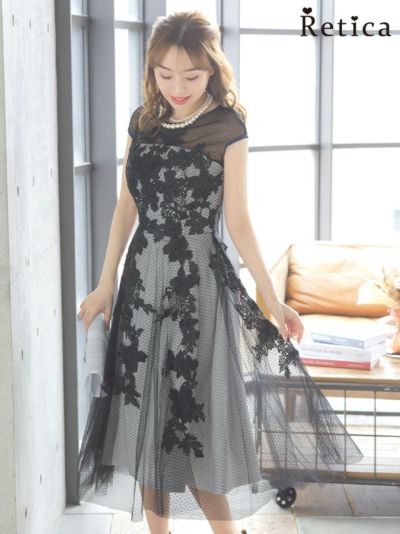 スパンコール付き立体刺繍フレンチスリーブミモレ丈ワンピースパーティードレス (XSサイズ～XXXLサイズ)