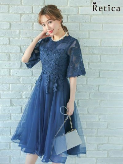[SALE] 立体刺繍重ねチュール五分袖ミモレ丈ワンピースパーティードレス (XSサイズ～XXXLサイズ)