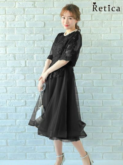 刺繍レース袖ありひざ下丈シースルーワンピースパーティードレス (XSサイズ～XXXLサイズ)