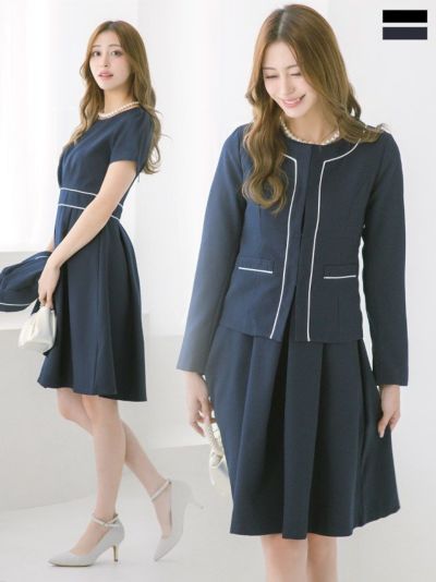 [SALE] パイピングノーカラージャケットワンピースセレモニースーツ (S～XXXLサイズ) (ネイビー/ブラック)