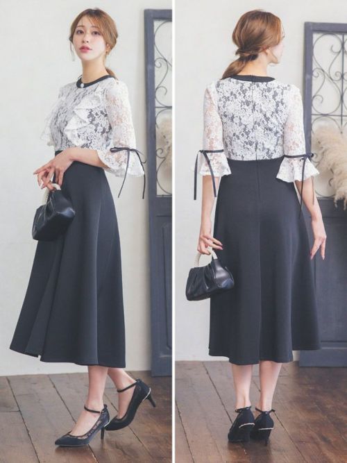 7色 ロング ワンピース 長袖 ドレス 切替 レース パール ボタン Lace Ladies レース切替 七分袖 ロングワンピース パーティー