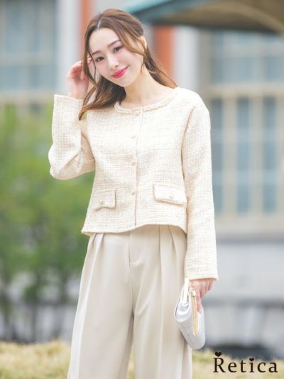 web a la mode ツイードノーカラージャケット&ドレスパンツ スーツ