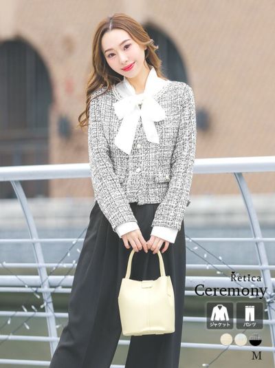 [SALE] パール×ツイードジャケットパンツセレモニースーツ (Mサイズ) (ベージュ/ライトブルー/ブラック)