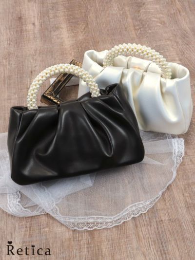 [SALE] パールハンドルショルダー紐付き2wayパーティーバッグ(オフホワイト/ブラック)