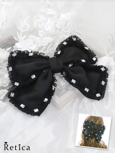 [SALE] スクエアビジュ付きビッグリボンヘアアクセサリー (ブラック)