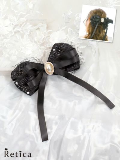 [SALE] パール付きツイード生地ビッグリボンヘアアクセサリー (ブラック)
