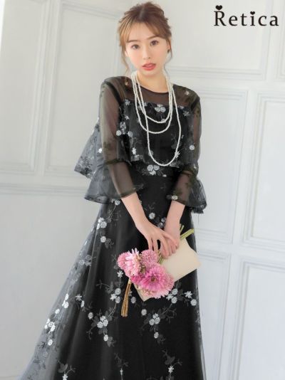 花柄刺繍フリルデザインロング丈パーティードレス (XSサイズ～XXXLサイズ)