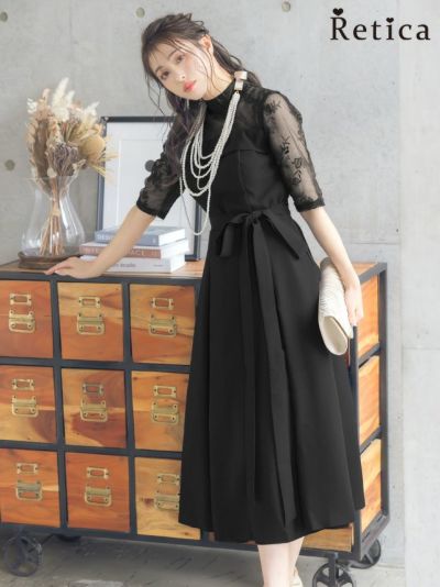 ハイネックレース袖ボックスプリーツボックスプリーツひざ下丈ワンピースパーティードレス (XSサイズ～XXXLサイズ)