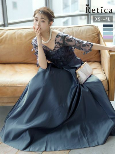 [SALE] レーストップス五分袖ロング丈ワンピースパーティードレス (XSサイズ～4Lサイズ)
