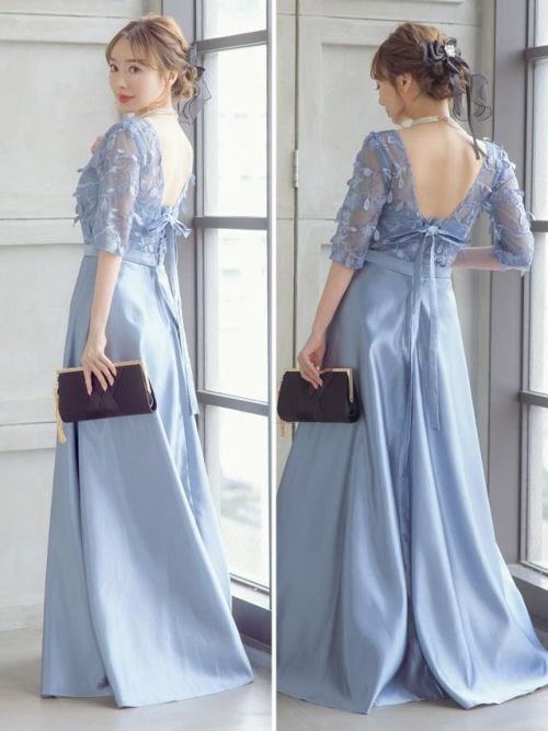 パーティードレス ワンピース 4色 XS-3XL 五分袖 レース 24zm938 結婚式・お呼ばれ対応 | 刺繍レース切替えワンピース