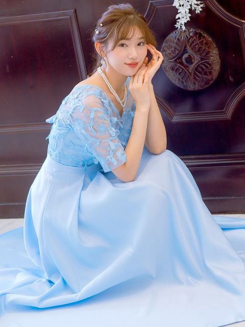 パーティドレス 総レース 5分袖 ブルーグレー 水色 大きいサイズ 4L GIRL DRESS FOR NOW ドレス ハイネック5分袖総レース フレア