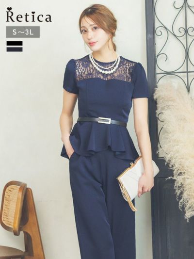 [SALE] ベルト付き半袖ペプラムデザインセットアップパンツパーティードレス (Sサイズ～XXLサイズ)
