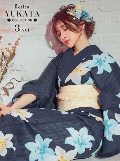 [SALE] ２色百合　紺地浴衣 浴衣3点セット (浴衣+兵児帯+下駄)