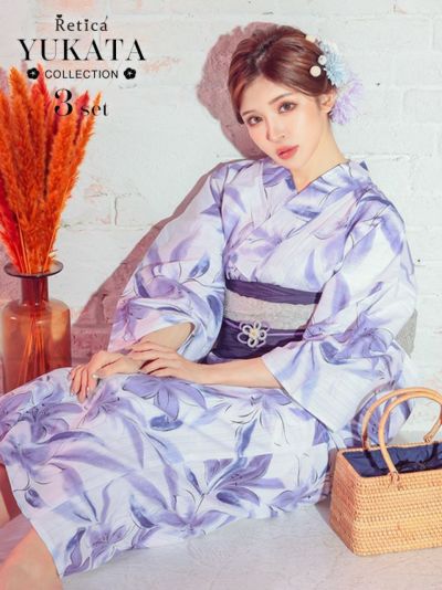 [SALE] 水彩タッチ　紫百合の花　大人の3点セットレディース浴衣(浴衣+兵児帯+下駄)