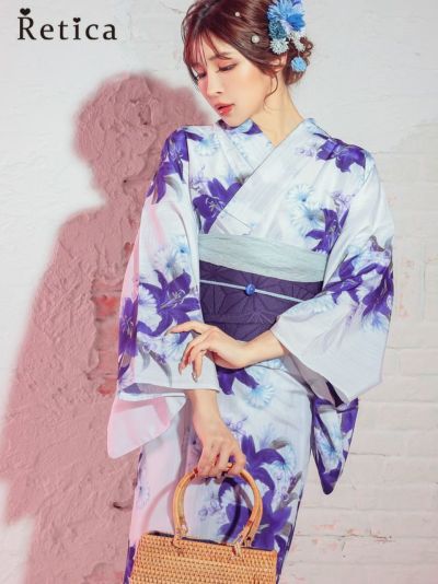 水墨紫百合の花　大人の3点セットレディース浴衣(浴衣+平帯or作り帯+下駄)