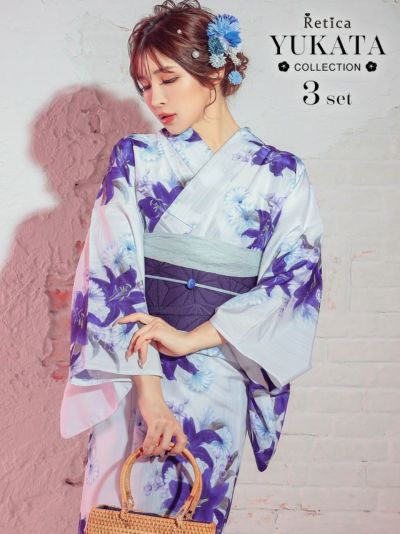 [SALE] 水墨紫百合の花　大人の3点セットレディース浴衣(浴衣+平帯or作り帯+下駄)