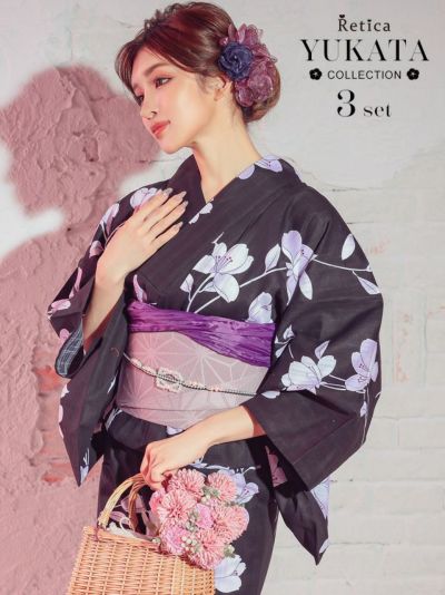[SALE] クール黒地　紫菖蒲柄　大人の3点セットレディース浴衣(浴衣+平帯or作り帯+下駄)