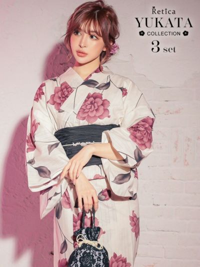 [SALE] ヴィンテージフラワー柄　ベージュ生地　大人の3点セットレディース浴衣(浴衣+兵児帯+下駄)