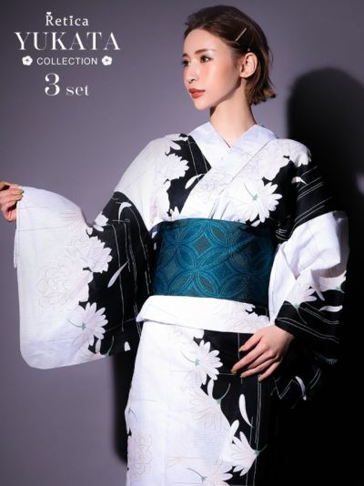 [SALE] 白牡丹柄　粋  艶やか 大人の3点セットレディース浴衣 (浴衣+平帯or作り帯+下駄)