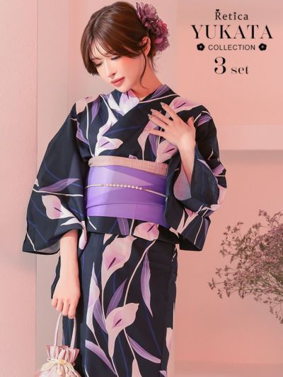 [SALE] しっとり菖蒲の花　粋な大人の濃紺生地　大人の3点セットレディース浴衣(浴衣+平帯or作り帯+下駄)