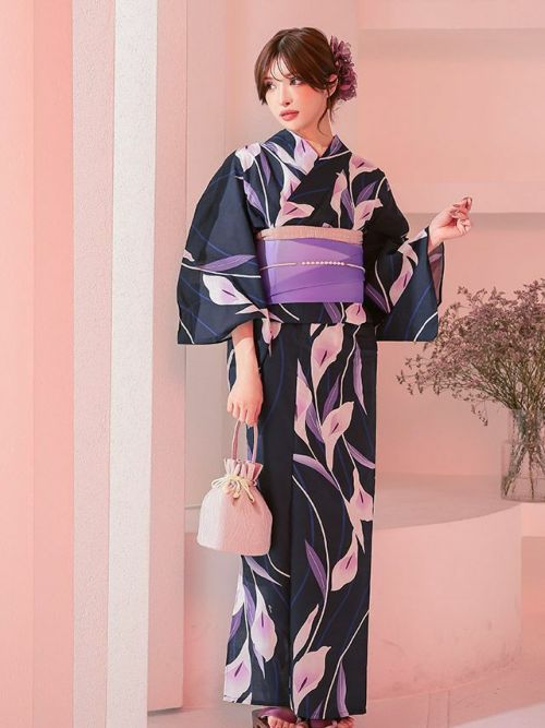 SALE] しっとり菖蒲の花 粋な大人の濃紺生地 大人の3点セット