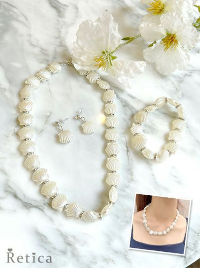 [SALE] 貝殻パールショートネックレスブレスレットピアスセット（ホワイト）