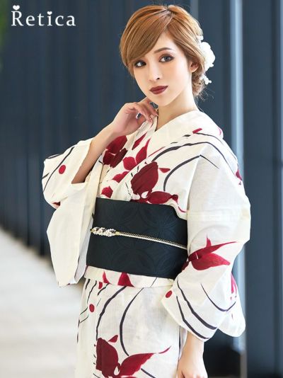 [SALE] 流水紋と金魚柄 クリーム地浴衣 大人の3点セットレディース浴衣(浴衣+平帯or兵児帯+下駄)