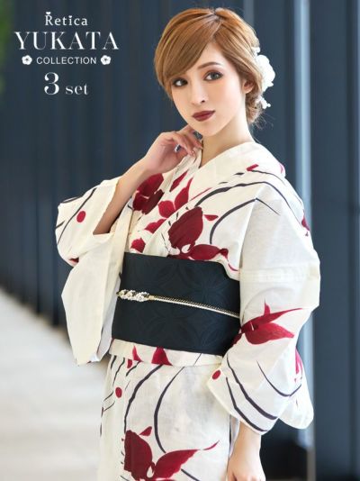 [SALE] 流水紋と金魚柄 クリーム地浴衣 大人の3点セットレディース浴衣(浴衣+平帯or兵児帯+下駄)