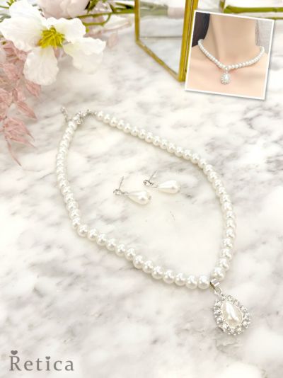 ドロップパールビジュー ネックレス×ピアス アクセサリー2set