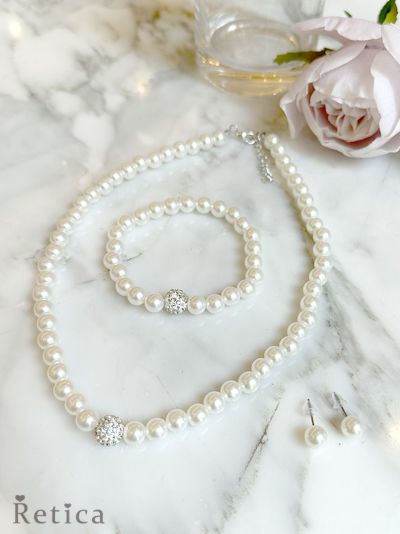 パール&ビジューデザイン ネックレス×ピアス×ブレスレット アクセサリー3set