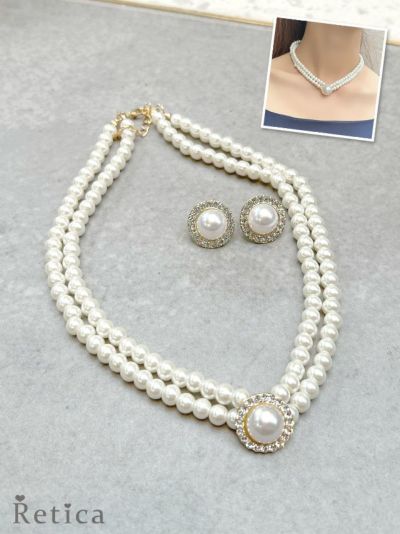 二連パールデザイン ネックレス×ピアス アクセサリー2set