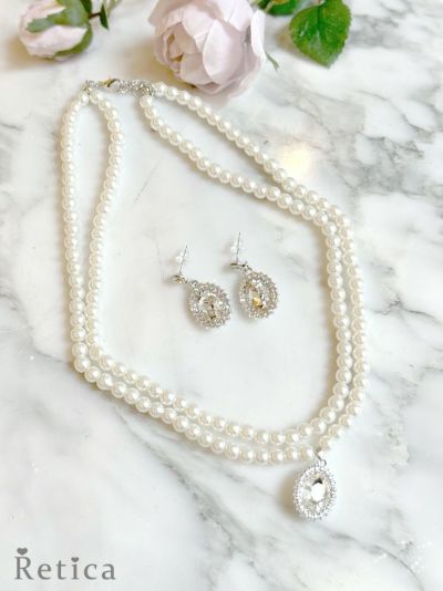 二連パール ビジューチャーム ネックレス×ピアス アクセサリー2set