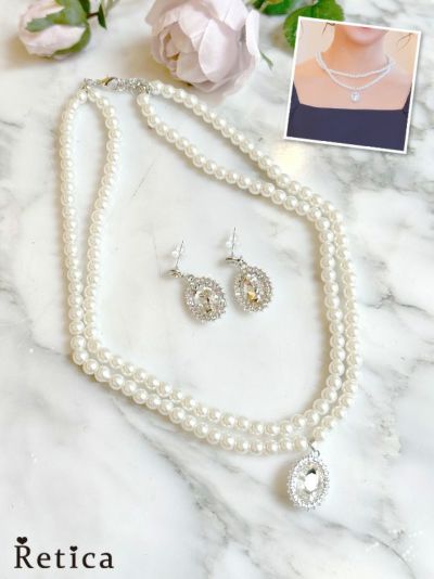 二連パール ビジューチャーム ネックレス×ピアス アクセサリー2set