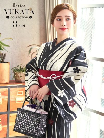 [SALE] よろけ縦縞模様に小ぶりな桜 レディース 浴衣3点セット(浴衣＋平帯or作り帯＋下駄)