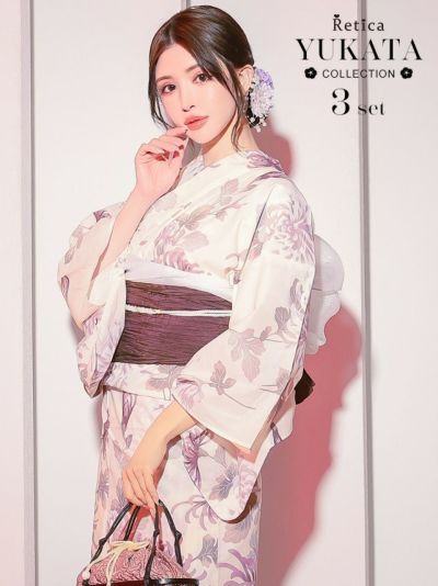 [SALE] 乱菊柄生成り地大人の浴衣3点セット レディース浴衣 (浴衣+兵児帯+下駄)