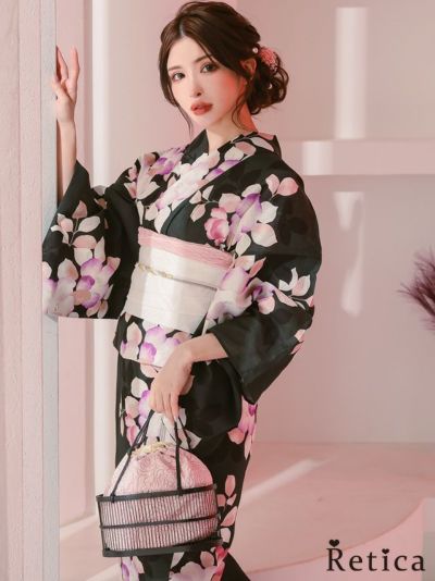 黒緑にニュアンス椿 大人の3点セットレディース浴衣(浴衣+平帯or作り帯+下駄)