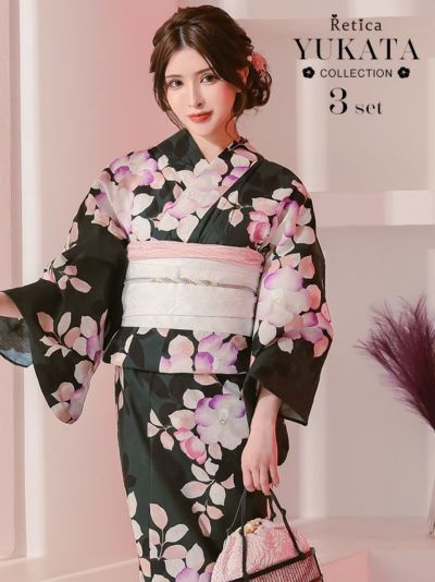 [SALE] 黒緑にニュアンス椿 大人の3点セットレディース浴衣(浴衣+平帯or作り帯+下駄)