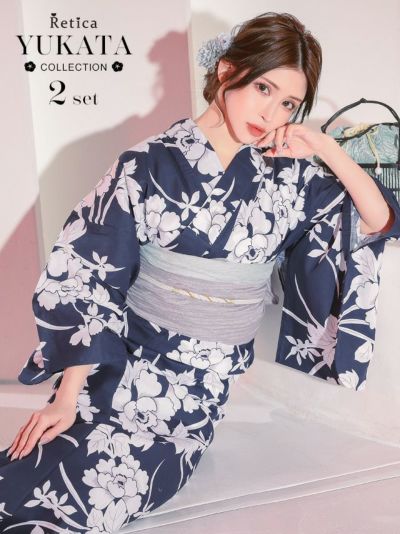 [SALE] 紺地に白牡丹柄 大人の2点セットレディース浴衣(浴衣+兵児帯)